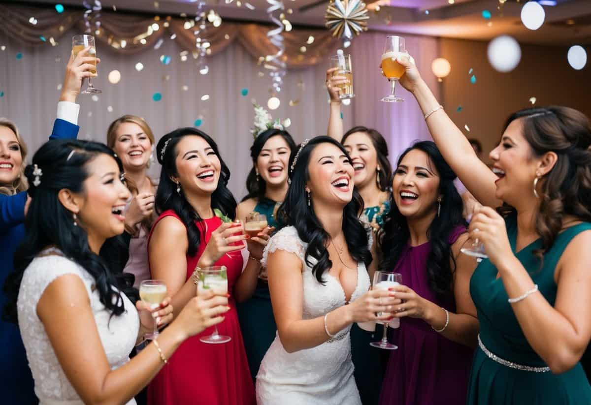 A group of women enjoying a post-wedding celebration with drinks, laughter, and dancing, surrounded by festive decorations and confetti