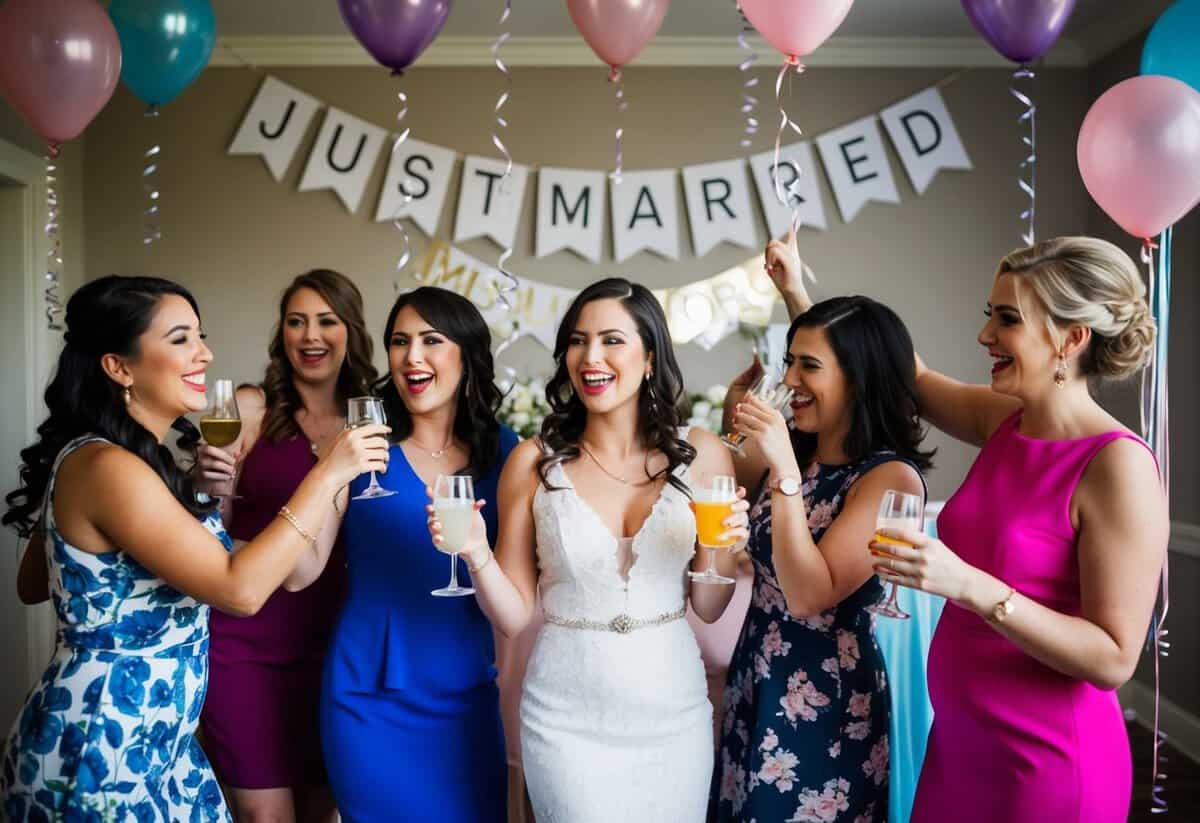 A group of women celebrating with drinks and dancing in a decorated room with balloons and streamers. A "Just Married" banner hangs in the background