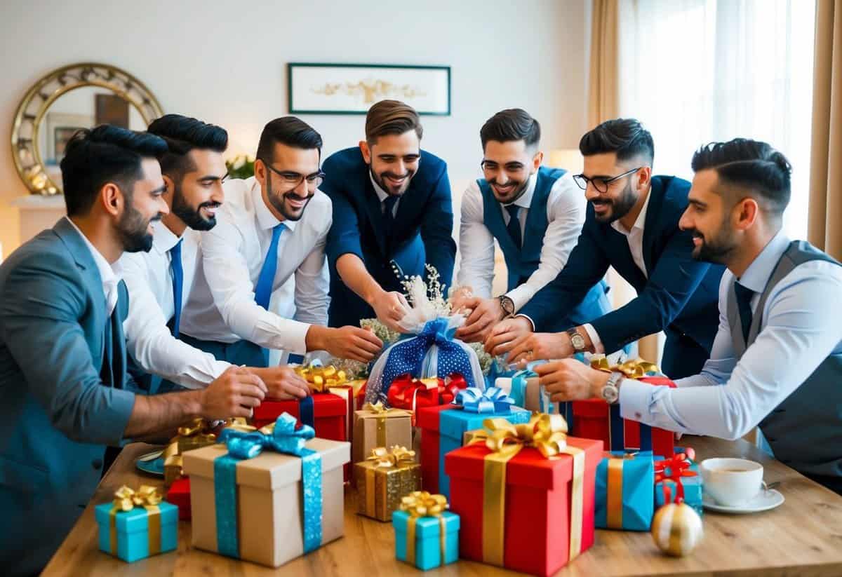 A group of men gathered around a table filled with gifts and decorations, celebrating the upcoming wedding of their friend