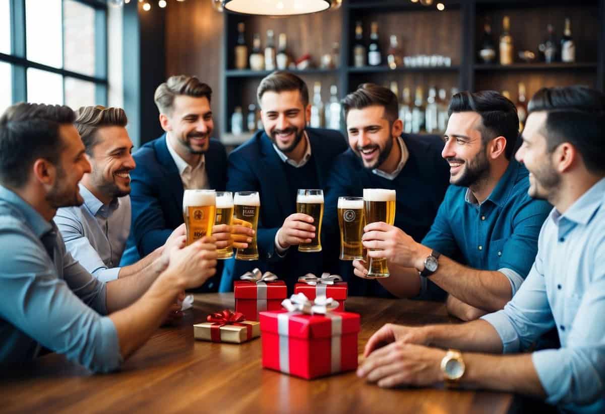 A group of men gathered around a bar, clinking beer glasses and laughing while playing games and opening gifts