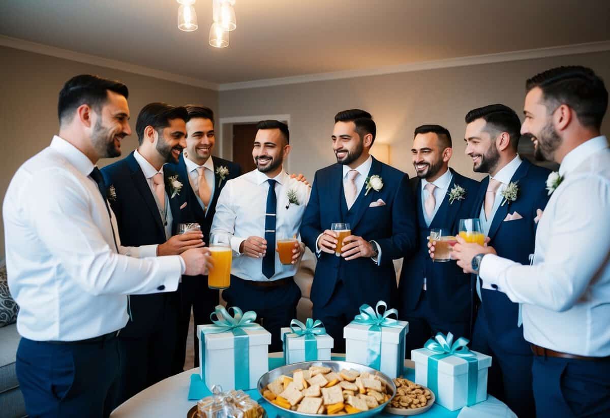 A group of men gathered in a room, sharing drinks and snacks while celebrating the upcoming wedding of a groom. Gifts are displayed on a table