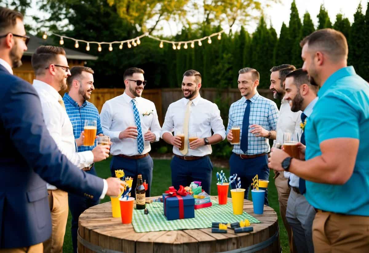 A group of men gathering for a "groom's party" at a backyard barbecue, with games, drinks, and gifts for the soon-to-be-married man