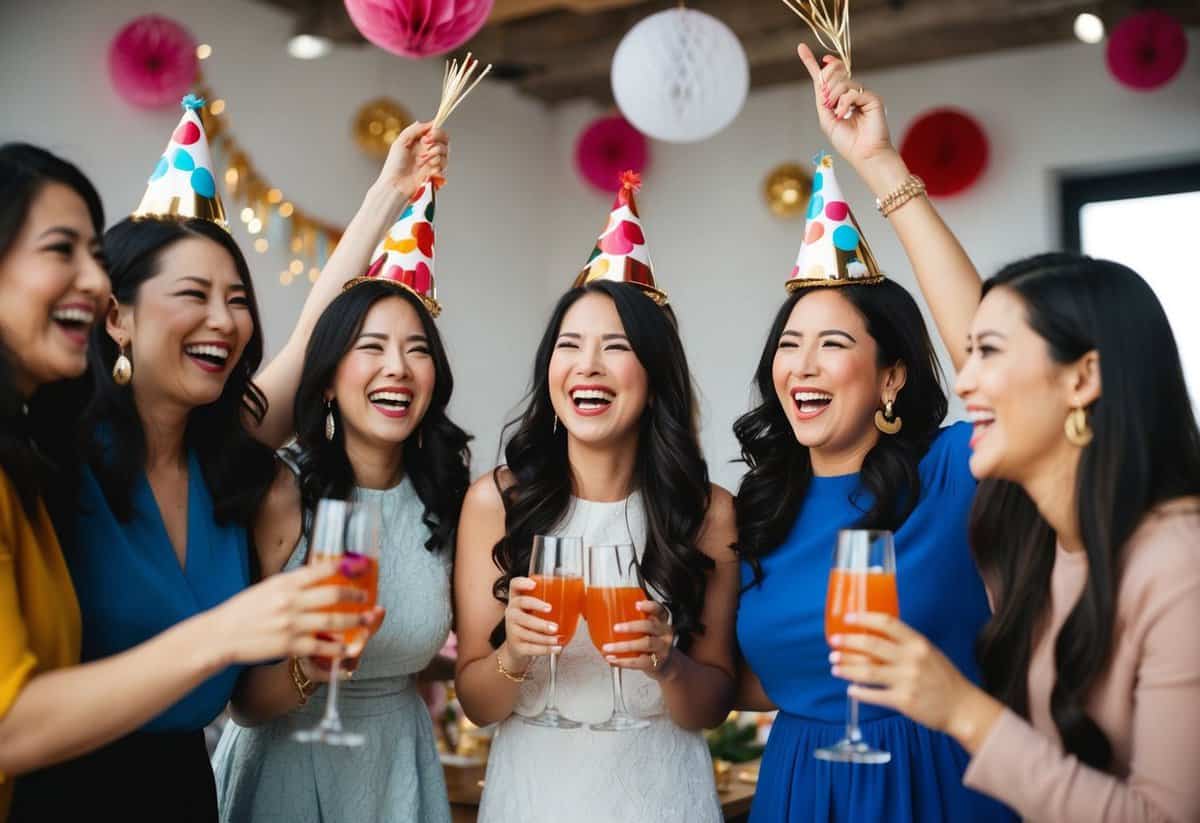A group of women celebrating with decorations, drinks, and laughter