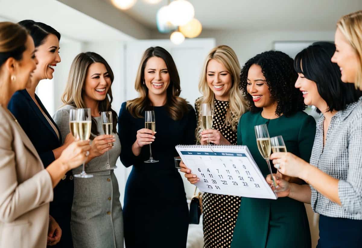 A group of women chatting and laughing, some holding glasses of champagne, while others are looking at a calendar and discussing plans
