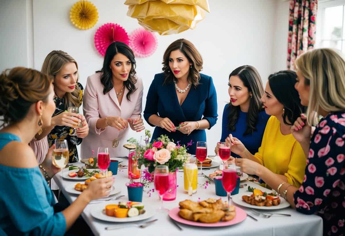 A group of women gather around a table, discussing and planning a hen party. Decorations, food, and drinks are laid out as they brainstorm ideas