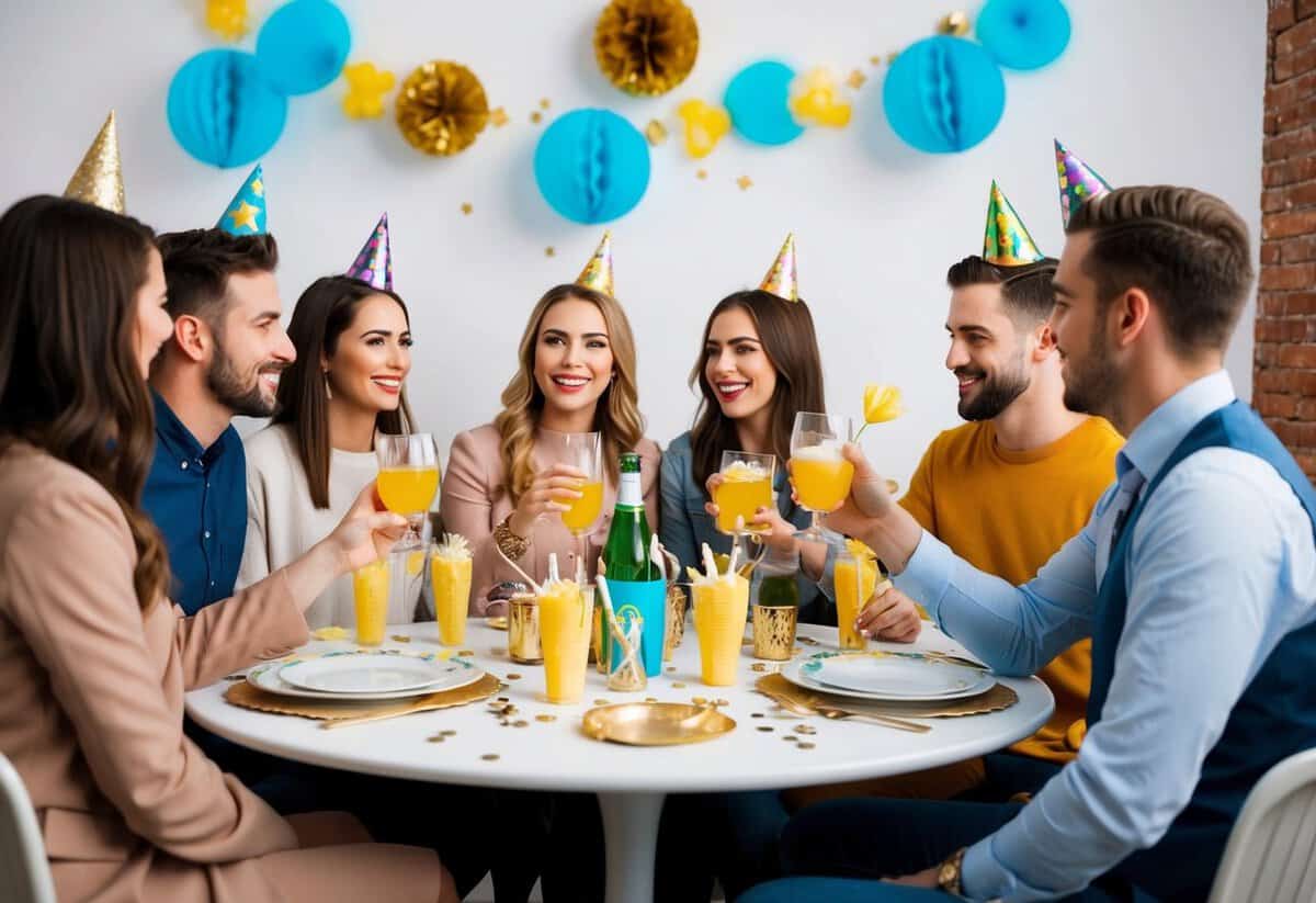 A group of friends sitting around a table, sipping drinks and chatting, with decorations and party favors scattered around