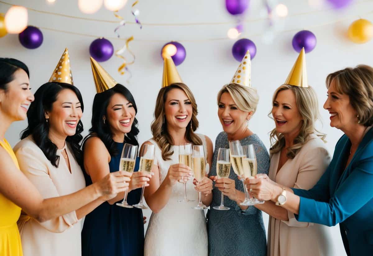 A group of women celebrating with champagne and decorations, while a mother-in-law stands awkwardly on the sidelines