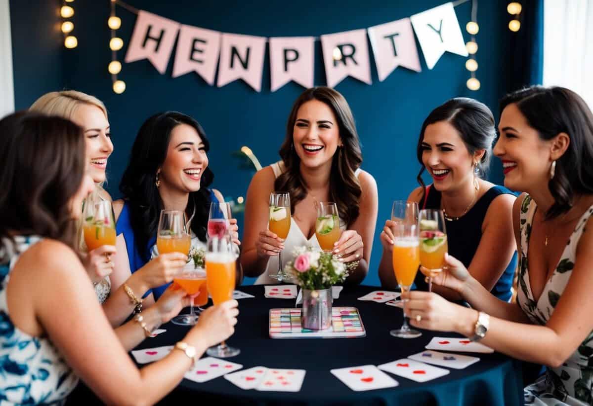 A group of women gathered around a table, laughing and chatting while sipping on cocktails and playing games. A banner with “Hen Party” hangs in the background