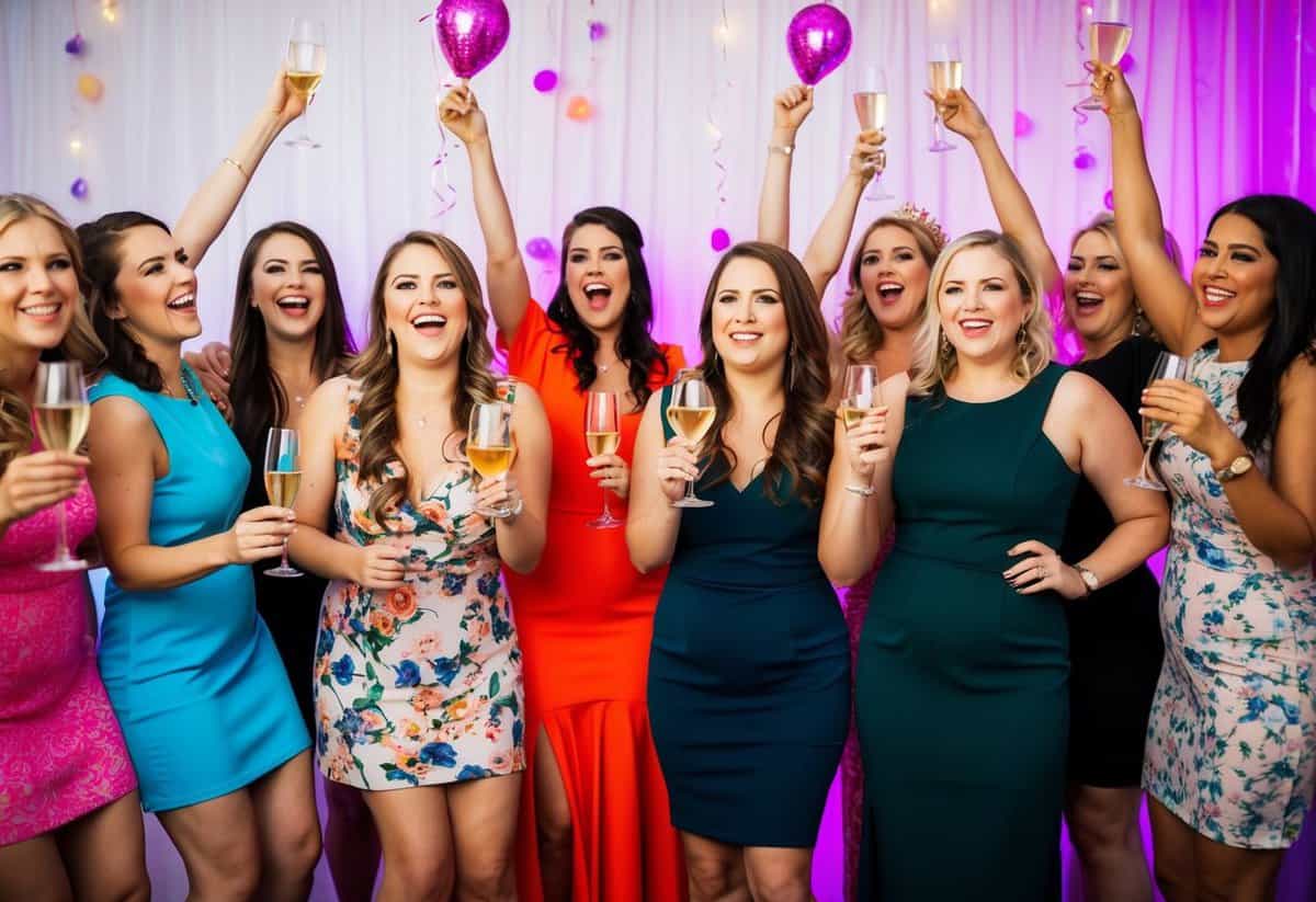 A group of diverse women celebrating at a lively hen party, with one woman hesitantly standing apart from the group