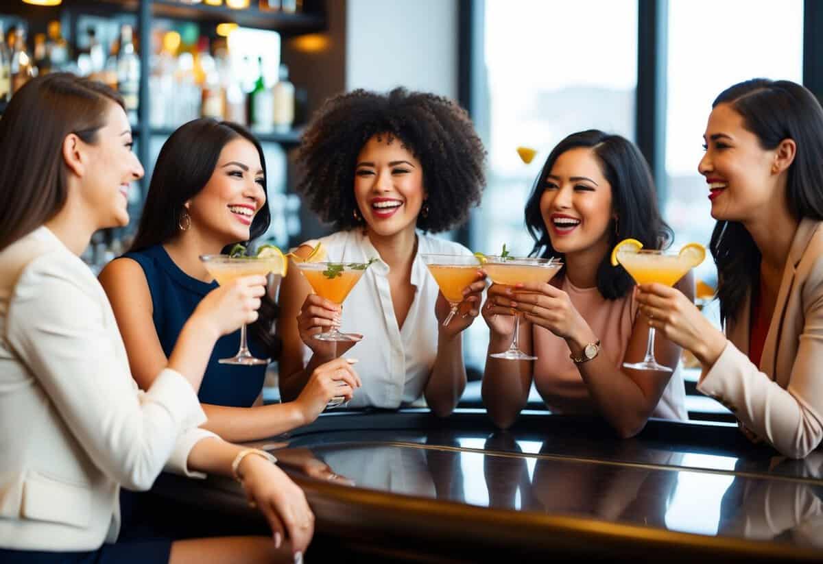 A group of women chatting and laughing while sipping on cocktails at a stylish bar, with a mix of excitement and anticipation in the air
