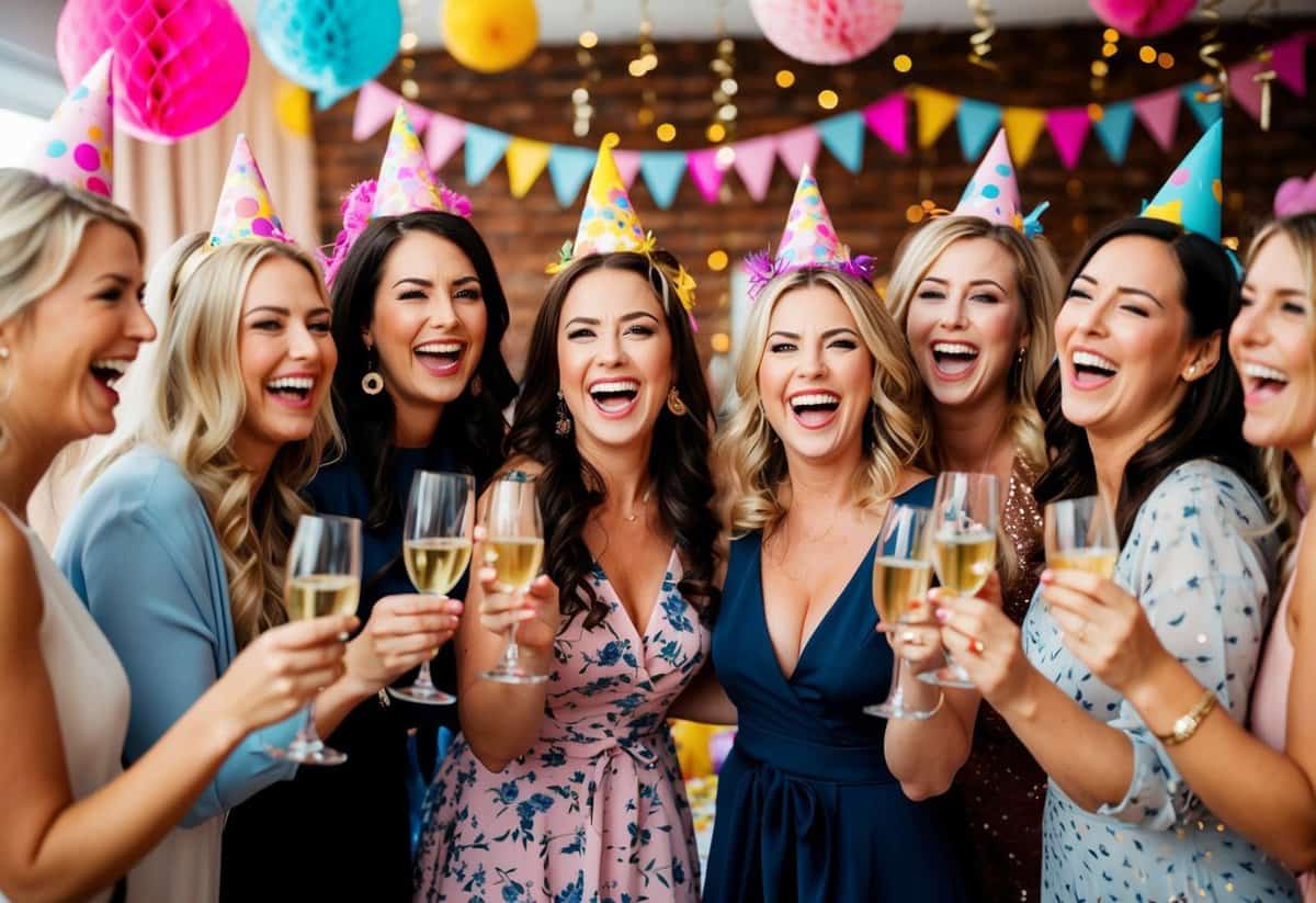 A group of women celebrating at a lively hen party with vibrant decorations and laughter filling the air