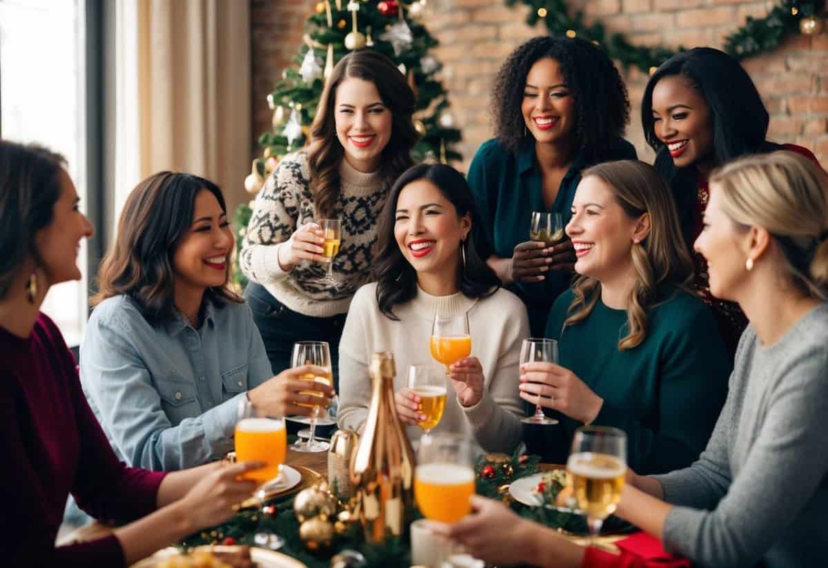 A group of women gather in a festive setting, with decorations and drinks, as they engage in conversation and laughter