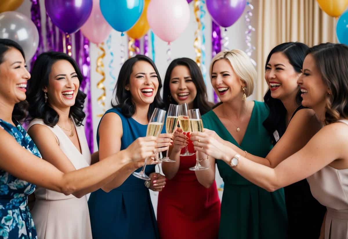 A group of women laughing and toasting with champagne in a decorated room filled with balloons and streamers