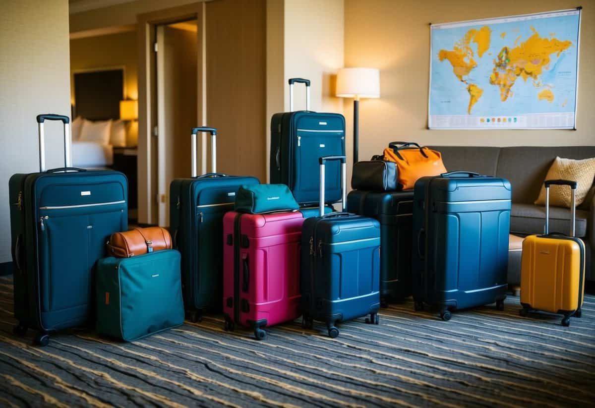 A group of suitcases and travel bags are scattered around a cozy and inviting hotel room, with a map of the destination pinned to the wall