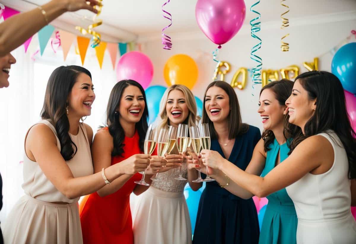 A group of women laughing and toasting with champagne in a decorated room filled with balloons and streamers