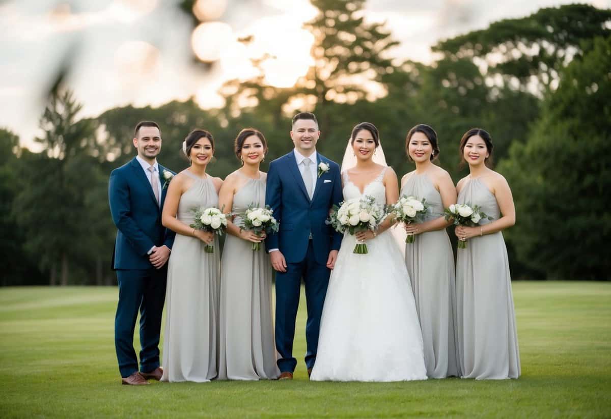 A group of wedding attendants standing together, with one person in a suit standing next to the bride