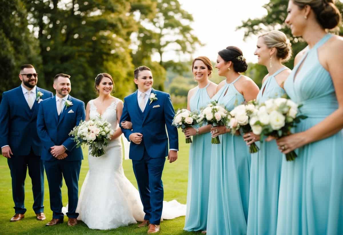 A person standing in a wedding party, holding a bouquet and standing next to the bride