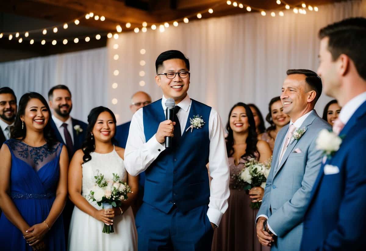 A person stands at a wedding reception with a microphone, surrounded by smiling guests