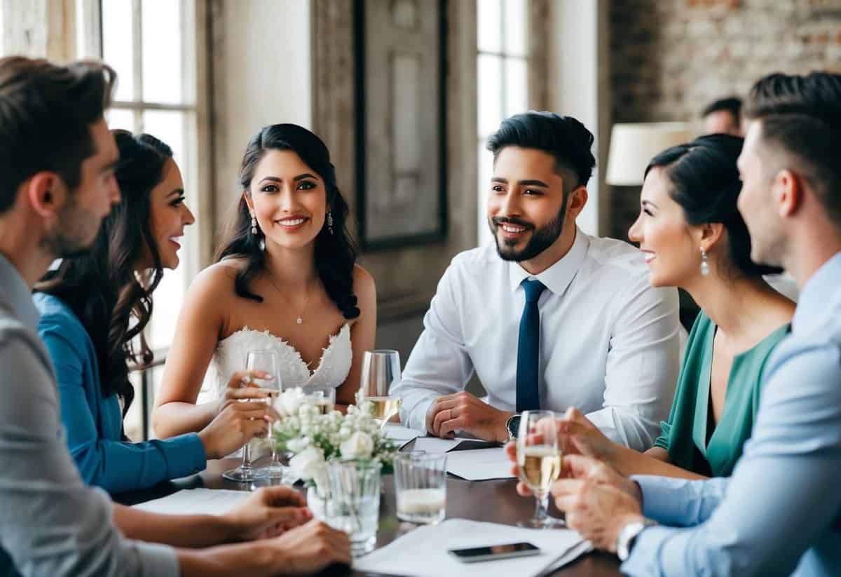 A group of friends gather around a table, discussing pre-wedding plans. The maid of honor, a guy, is actively participating in the conversation