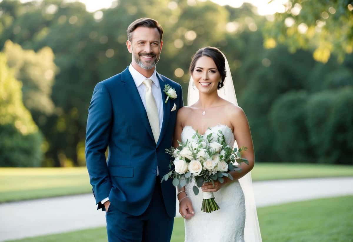 A man in a sharp suit stands beside the bride, holding her bouquet and smiling proudly