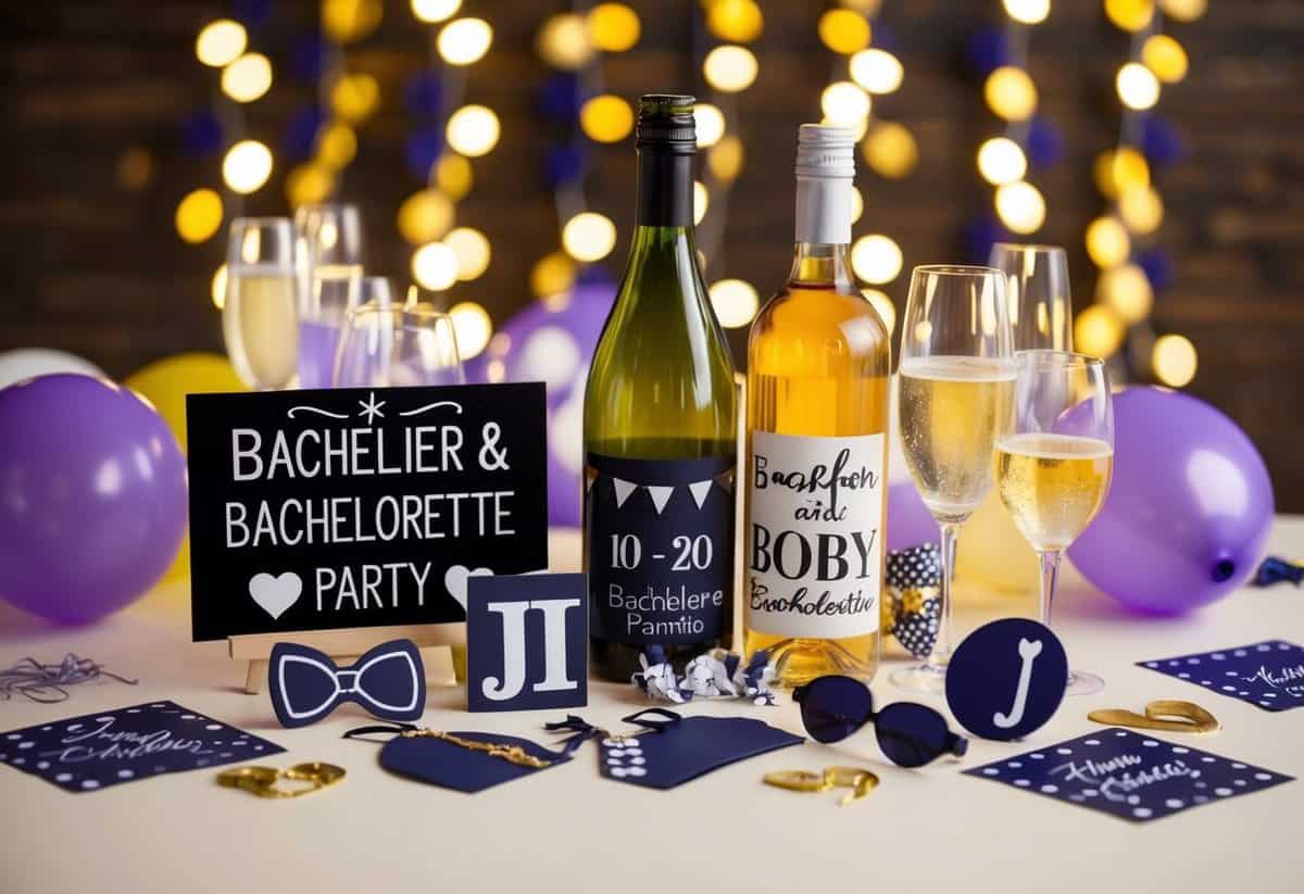 A festive mix of masculine and feminine elements, with a blend of bachelor and bachelorette party symbols and decorations