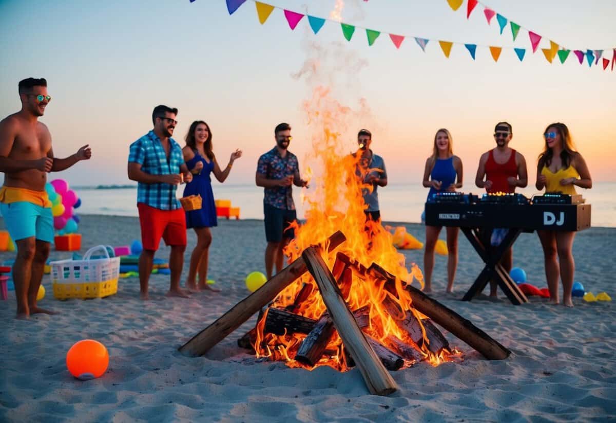 A lively beach bonfire with a mix of colorful decorations, games, and a DJ playing music for a joint bachelor and bachelorette party