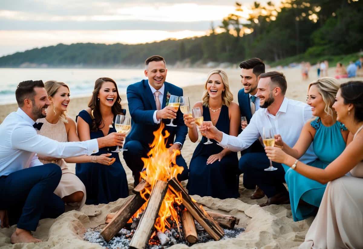 A group of friends and family gathered around a bonfire on the beach, laughing and toasting to the happy couple
