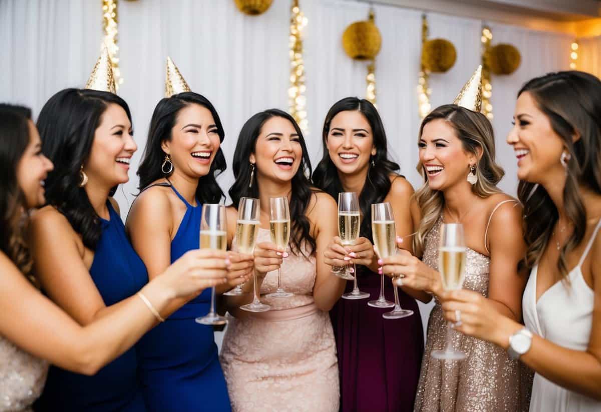 A group of women laughing and toasting with champagne glasses at a decorated bachelorette party venue