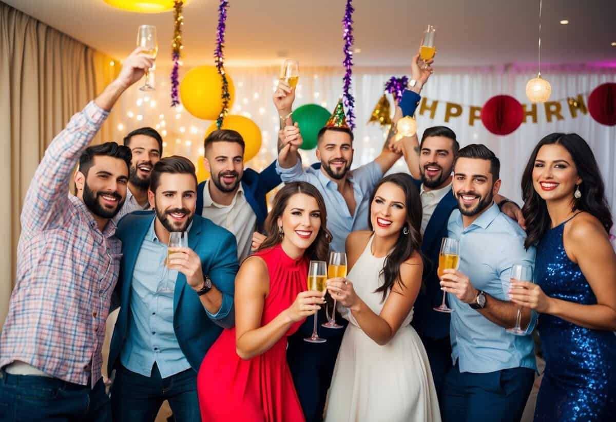 A group of men and women celebrating together at a combined bachelor and bachelorette party, with festive decorations and a lively atmosphere