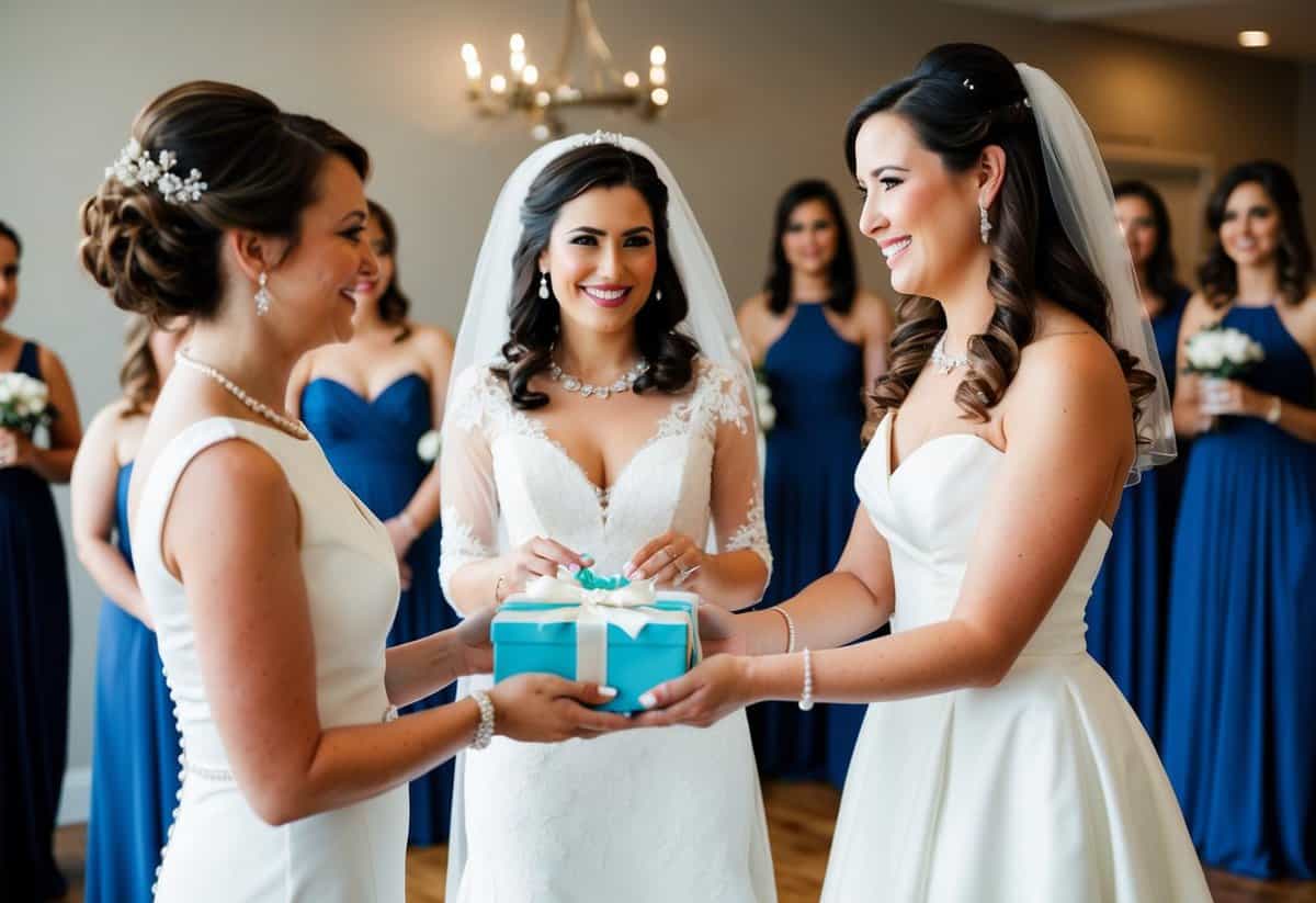 The maid of honor presents a thoughtful gift to the bride, symbolizing their close relationship and the honor of being chosen for the role