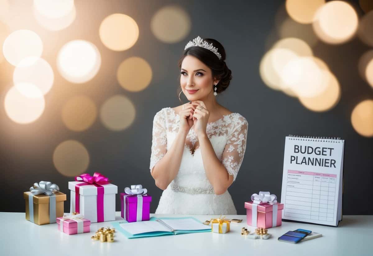 A maid of honor stands with a thoughtful expression, surrounded by gift options and a budget planner