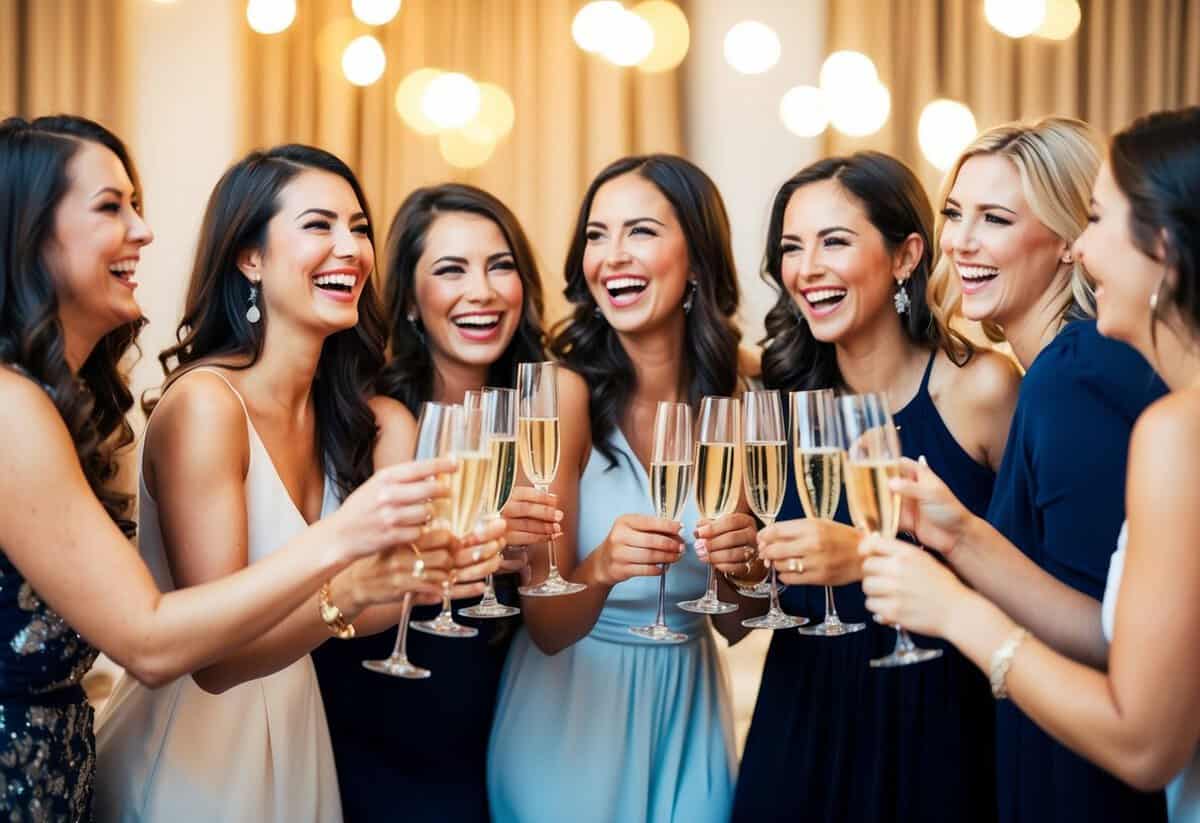 A group of women laughing and toasting with champagne glasses at a bachelorette party