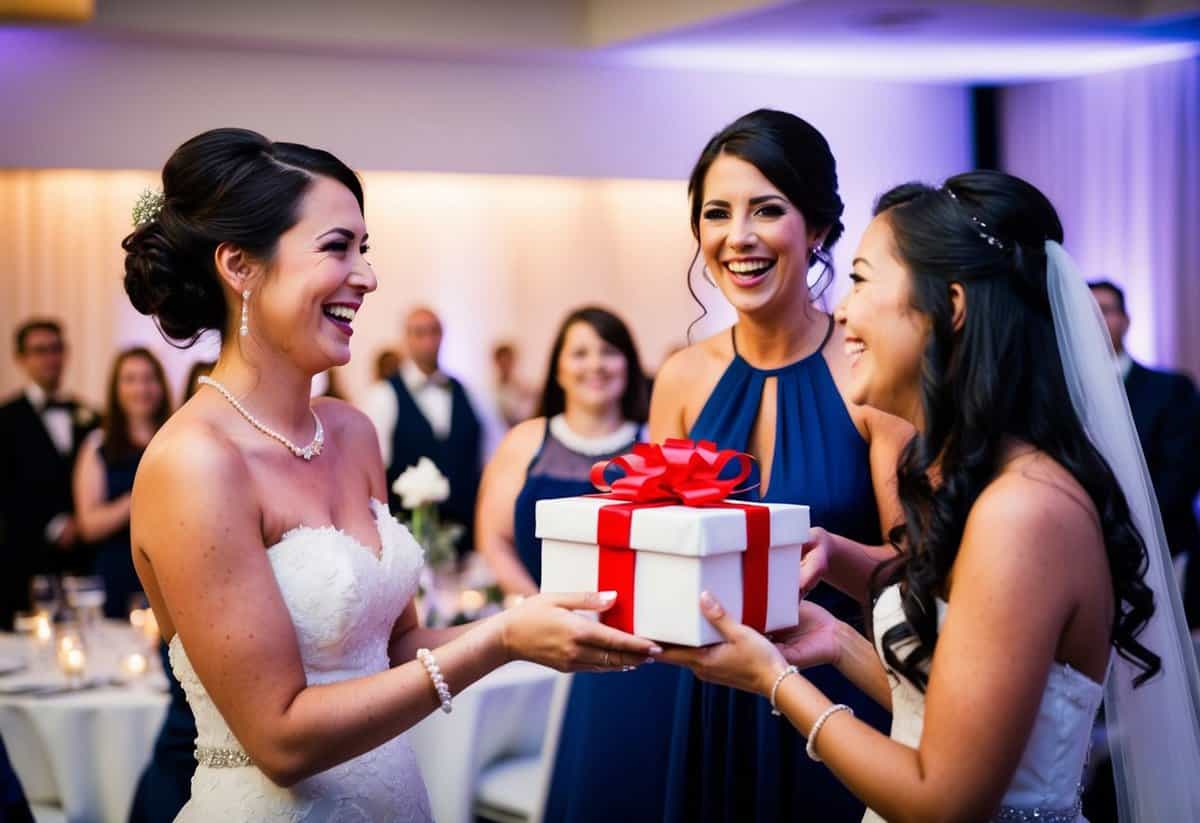 A maid of honor presents a gift to the bride during the wedding reception, with a celebratory atmosphere and joyful expressions