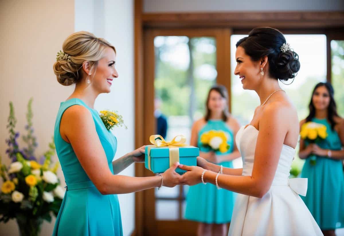 A maid of honor presents a thoughtful gift to the bride, expressing gratitude and support