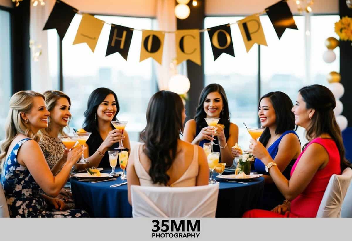 A group of women sitting around a table, sipping cocktails and engaged in lively conversation, with a banner and decorations in the background
