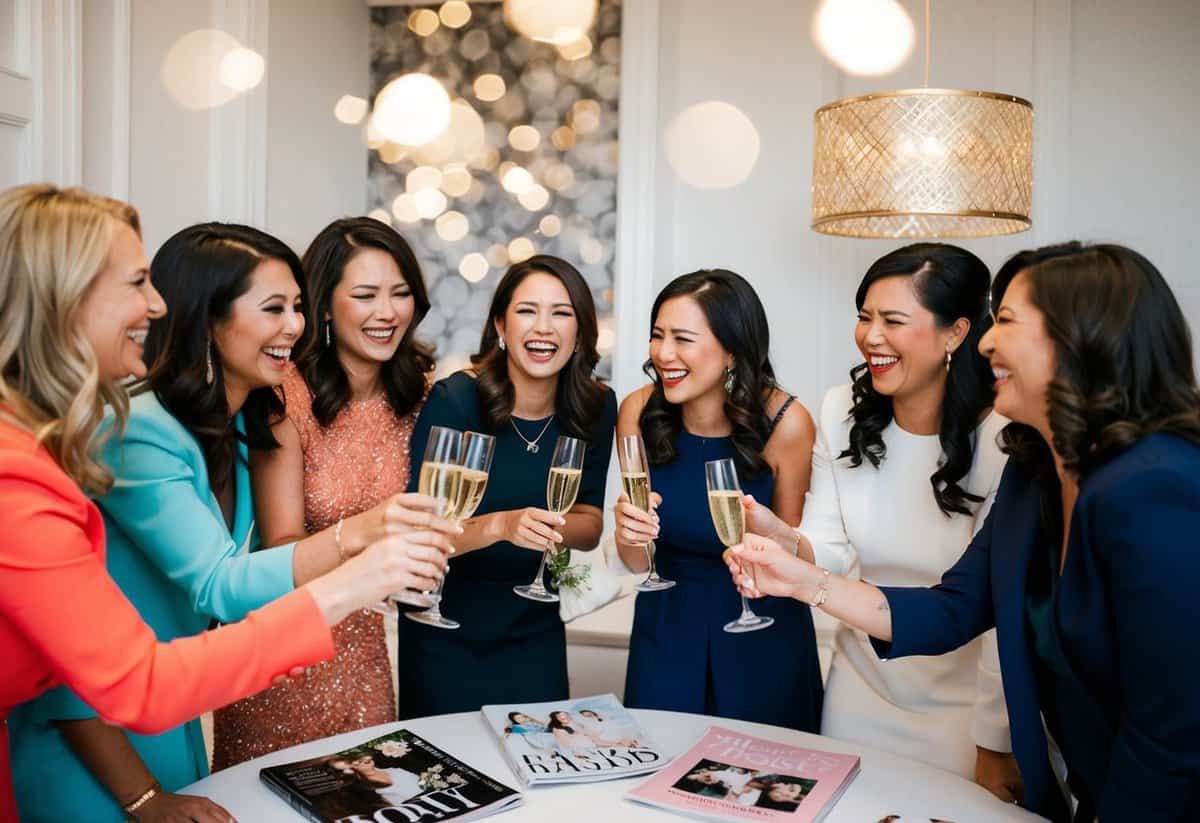 A group of women laughing and toasting with champagne while surrounded by wedding magazines and decorations