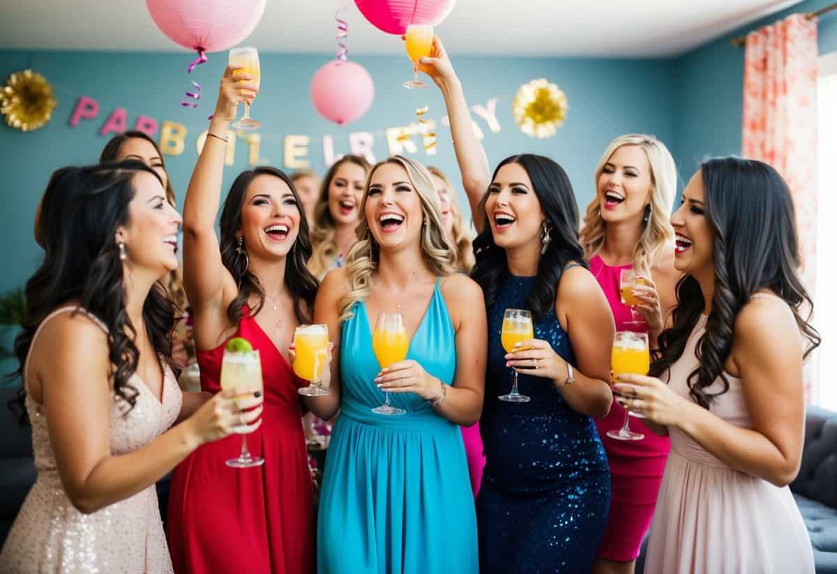 A group of women celebrating at a bachelorette party, with decorations, drinks, and laughter filling the room