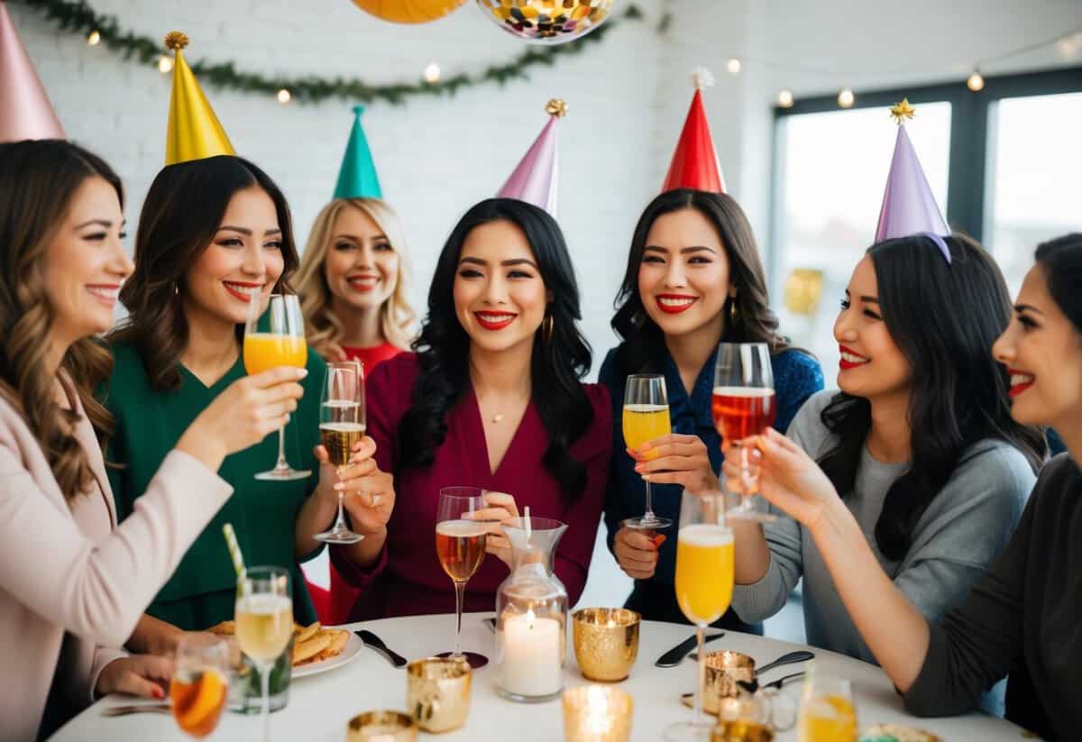 A group of women celebrating with drinks and decorations, while one woman politely declines the invitation with a smile