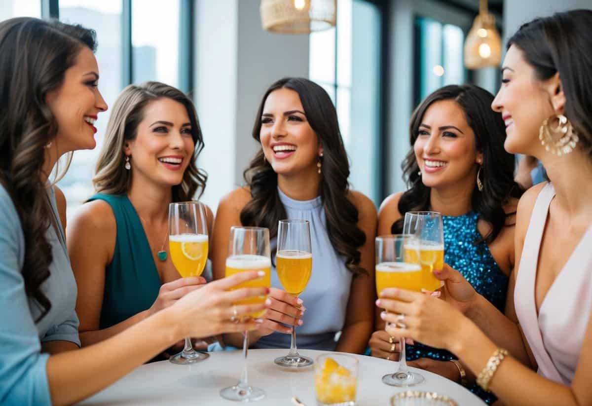 A group of women chatting and laughing over drinks, with one person politely excusing herself from the bachelorette party