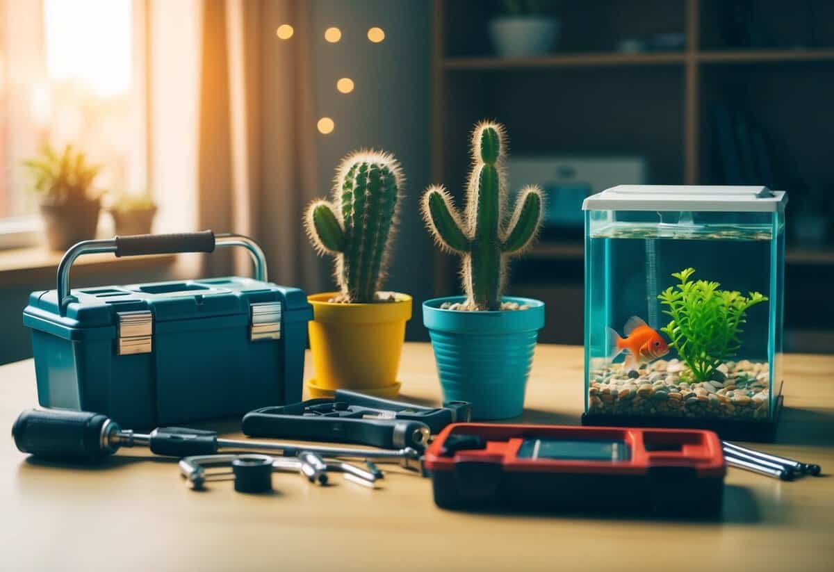 A group of mismatched objects, including a toolbox, a cactus, and a fish tank, arranged haphazardly on a table