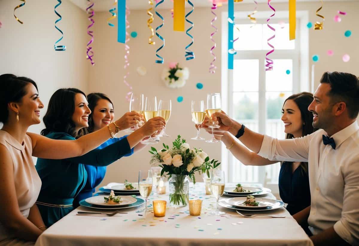A group of friends gathered around a table, raising their glasses in a toast to celebrate the absent bride. Streamers and confetti decorate the room