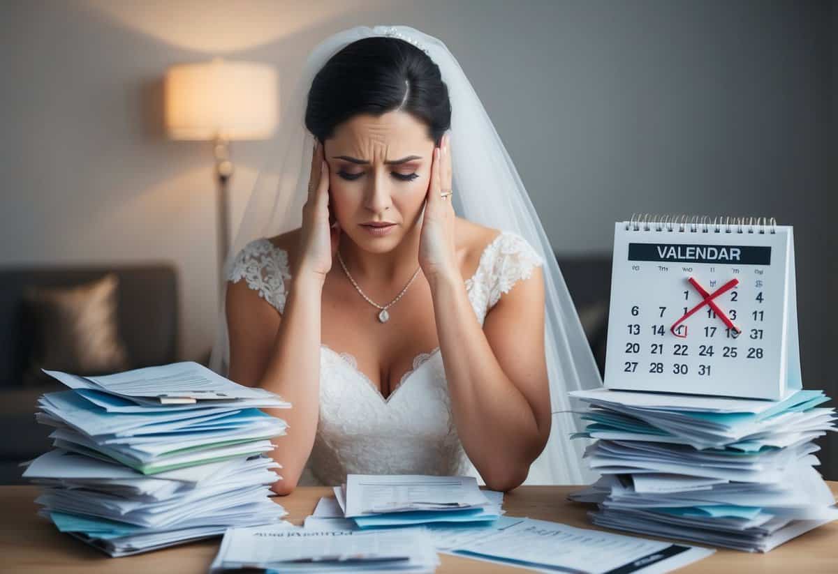 A woman wearing a wedding dress looks distressed while surrounded by piles of unpaid bills and a calendar with a date crossed out