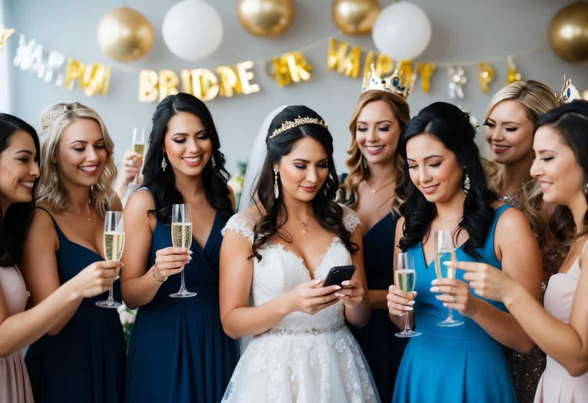 A group of women celebrating with champagne and decorations, while a bride-to-be looks disappointedly at her phone