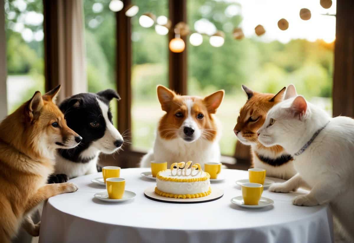 A group of animals gathering for a bridal shower, with one animal being excluded and looking dejected