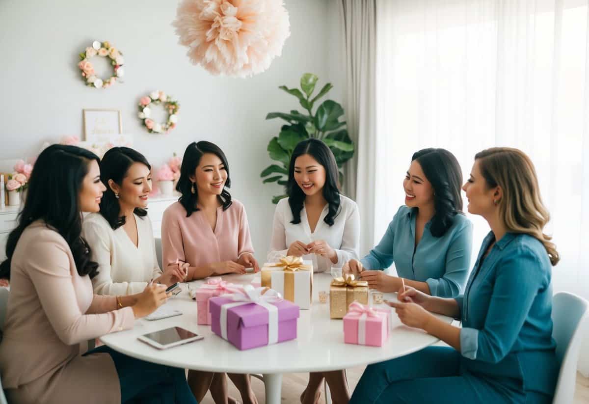 A group of women sitting around a table, discussing and calculating expenses for a bridal shower. Decorations and gift ideas are scattered around the room