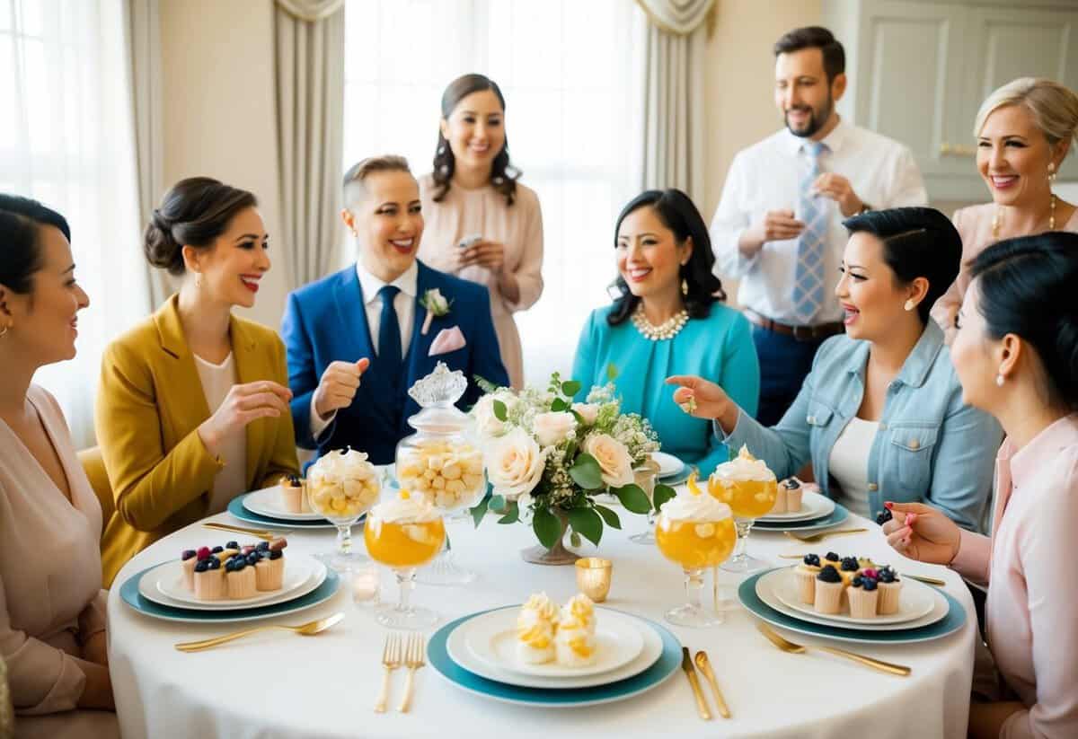 A table set with elegant decorations and a variety of refreshments, surrounded by excited guests discussing bridal shower budgets
