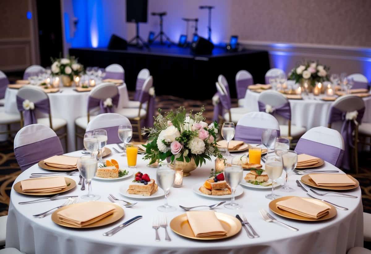 A table set with elegant place settings, floral centerpieces, and a variety of food and drink options. A small stage area is set up for entertainment
