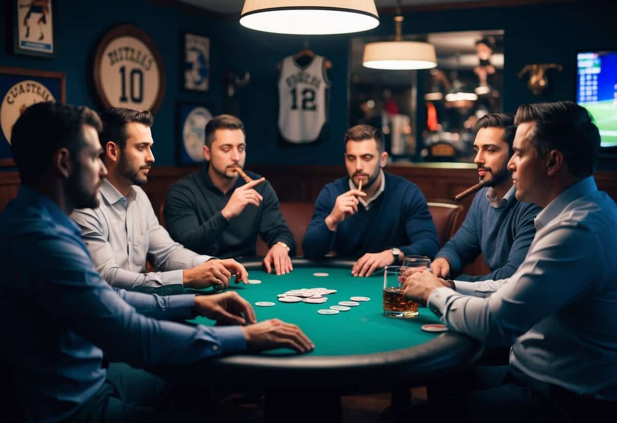 A group of men playing poker, smoking cigars, and drinking whiskey in a dimly lit room decorated with sports memorabilia