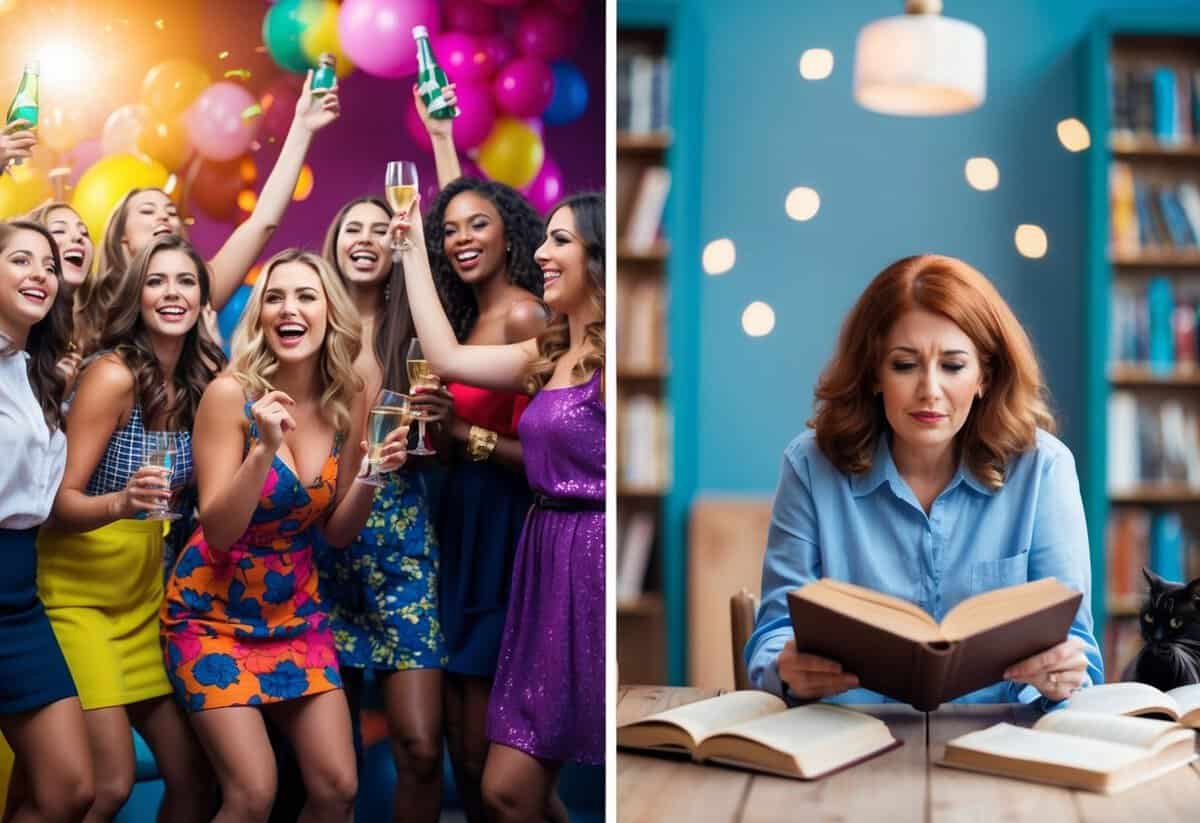 A bachelorette celebrating with friends in a vibrant, lively setting, while a spinster is depicted in a quiet, solitary environment, surrounded by books and a cat