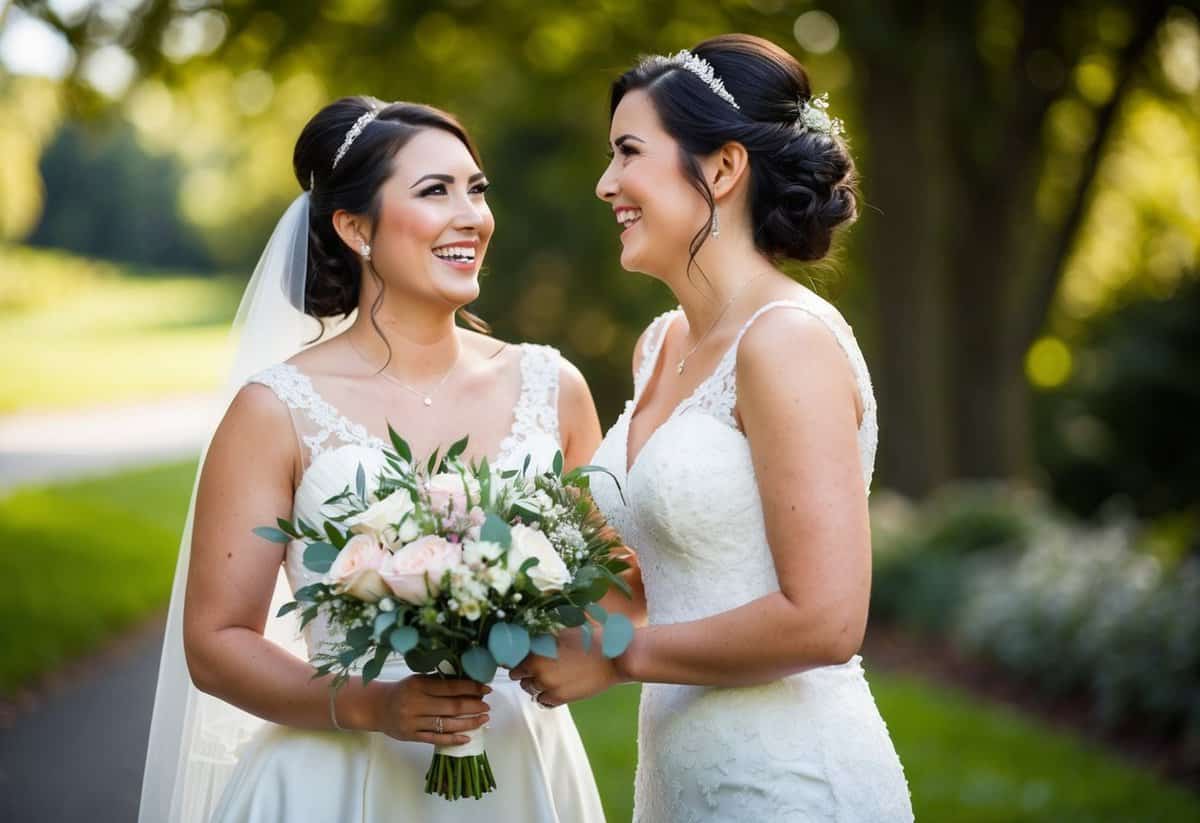 A bridesmaid holding a bouquet, standing beside the bride, both smiling and looking at each other with joy